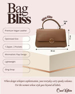 CrossKulture - BlissElite brown handbag infographic about size, features, and design