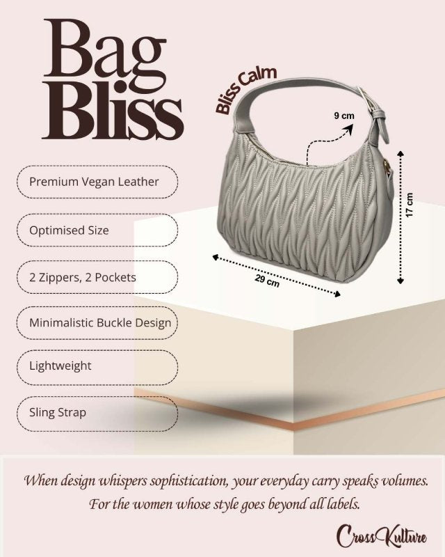 CrossKulture - BlissCalm grey handbag infographic about size, features, and design