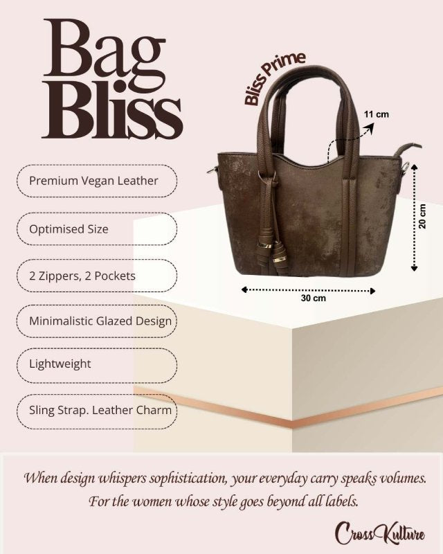 CrossKulture - BlissPrime brown handbag infographic about size, features, and design