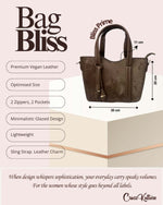 CrossKulture - BlissPrime brown handbag infographic about size, features, and design