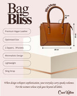CrossKulture - BlissMuse tan handbag infographic about size, features, and design
