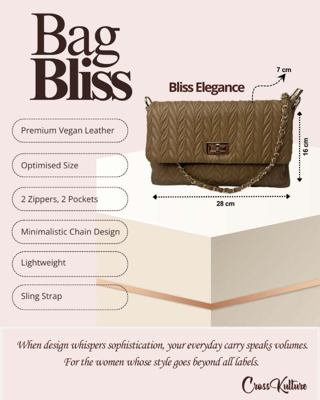 CrossKulture - BlissElegance camel handbag infographic about size, features, and design