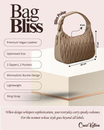 CrossKulture - BlissPoise beige handbag infographic about size, features, and design