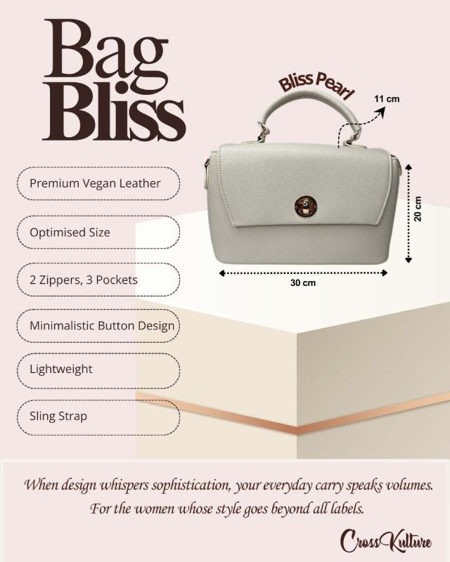 CrossKulture - BlissPearl white handbag infographic about size, features, and design