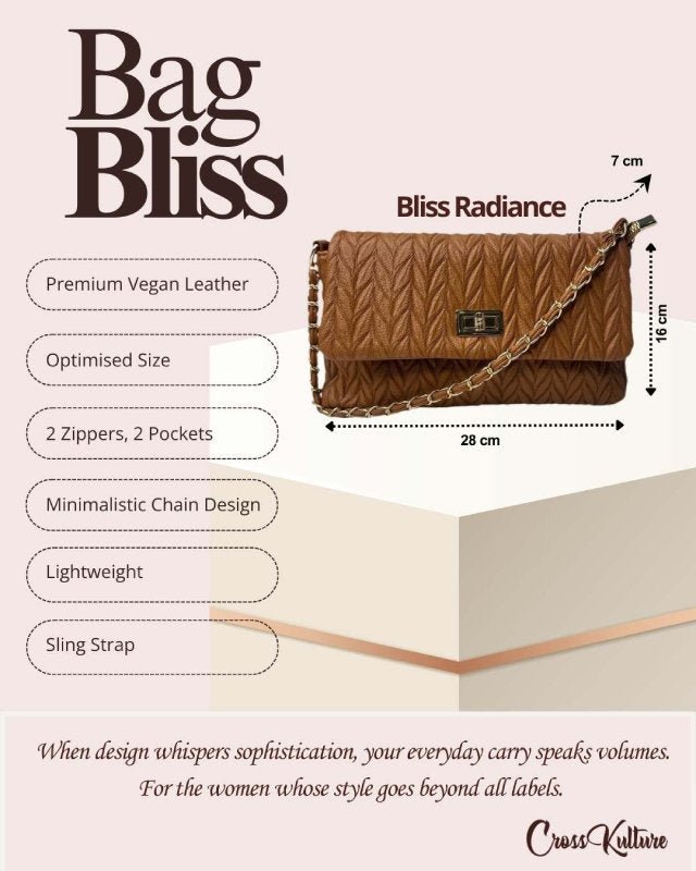 CrossKulture - BlissRadiance brown handbag infographic about size, features, and design