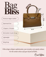 CrossKulture - BlissEdit brown handbag infographic about size, features, and design