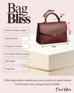 CrossKulture - BlissEffect brown handbag infographic about size, features, and design