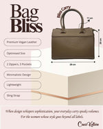 CrossKulture - BlissCarry green handbag infographic about size, features, and design