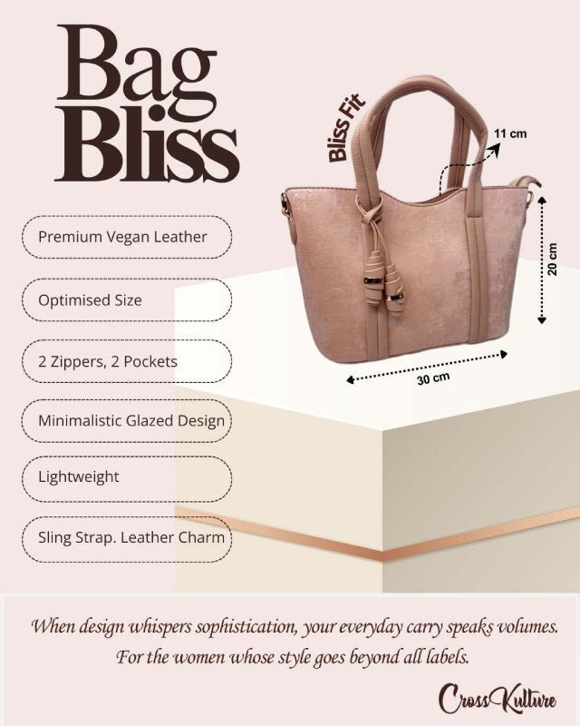 CrossKulture - BlissFit pink handbag infographic about size, features, and design