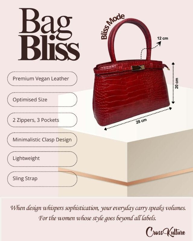 CrossKulture - BlissMode red handbag infographic about size, features, and design