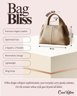 CrossKulture - BlissArt beige handbag infographic about size, features, and design