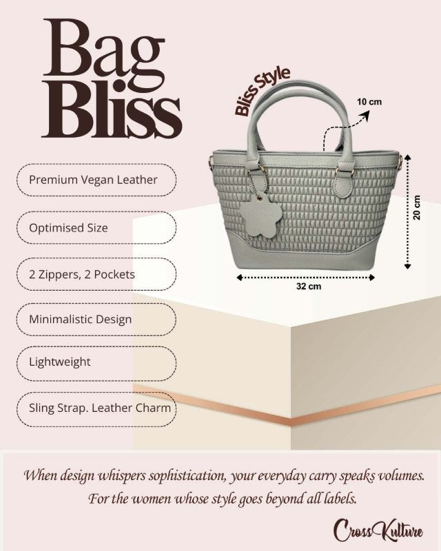 CrossKulture - BlissStyle grey handbag infographic about size, features, and design