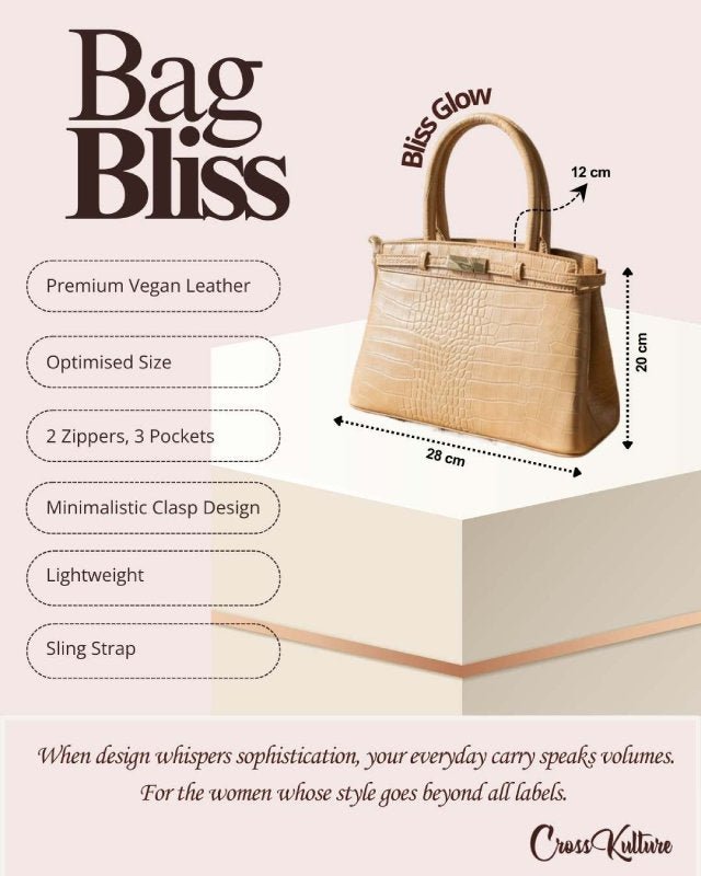 CrossKulture - BlissGlow beige handbag infographic about size, features, and design