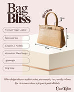 CrossKulture - BlissGlow beige handbag infographic about size, features, and design