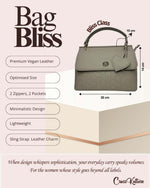 CrossKulture - BlissClass green handbag infographic about size, features, and design