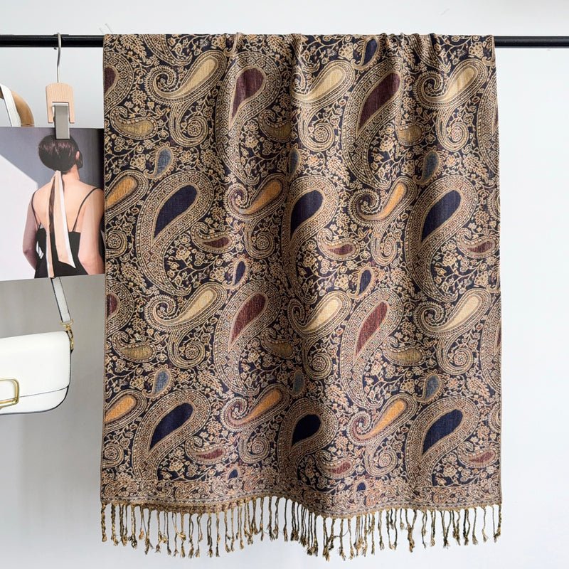 CrossKulture - PaisleyWeave lightweight modal scarf hanging on a handle bar