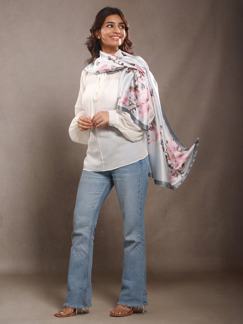 CrossKulture - DivineZion Long Satin Scarf Grey Pink front model view
