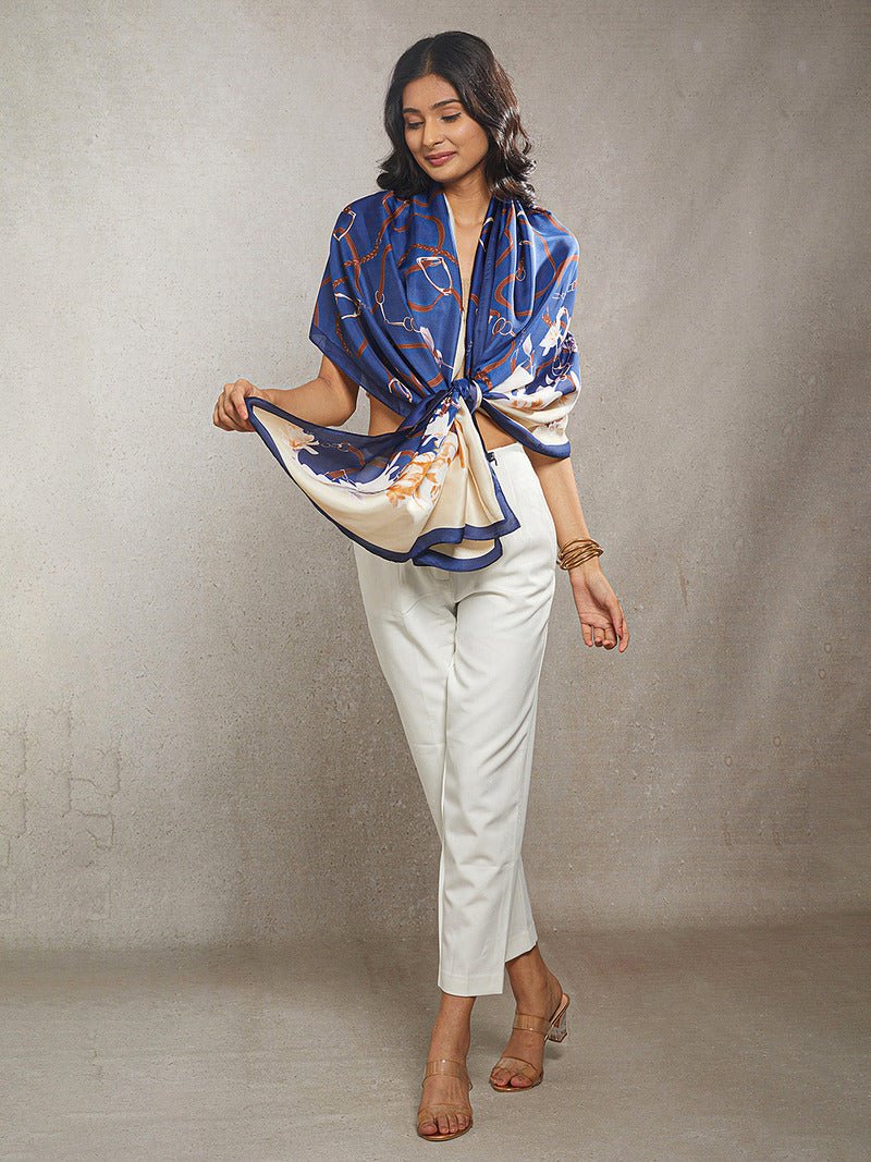 CrossKulture - RoyalKiss Long Satin Scarf Blue front model view