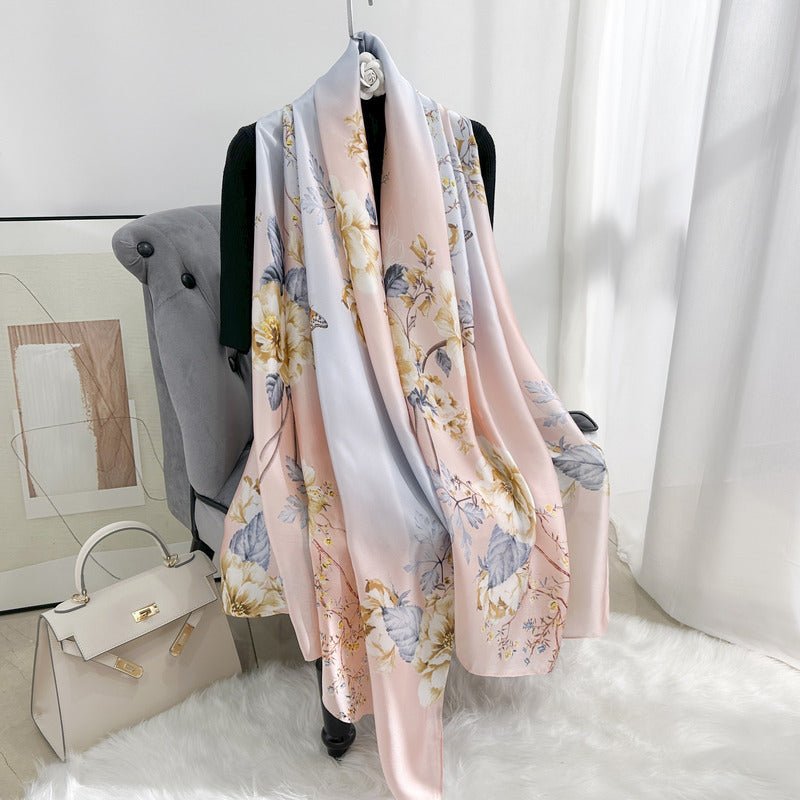 CrossKulture - DawnsEmbrace Long Satin Scarf Peach styled on hanger view