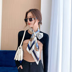CrossKulture - WhiteSail Large Square Satin Scarf Blue front model view