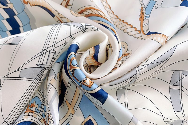 CrossKulture - WhiteSail Large Square Satin Scarf Blue fabric detailing view