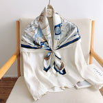 CrossKulture - WhiteSail Large Square Satin Scarf Blue styled on a hanger view