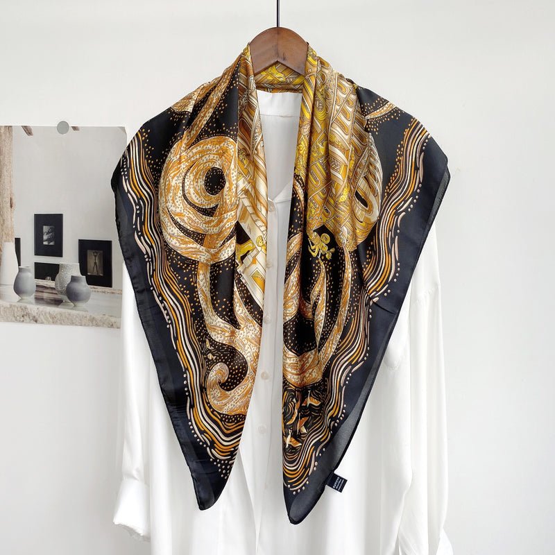 CrossKulture - RoyalCrest Large Square Satin Scarf Black Golden styled on hanger view