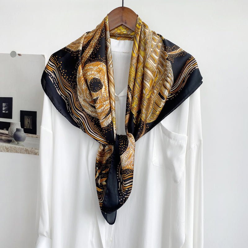 CrossKulture - RoyalCrest Large Square Satin Scarf Black Golden styled on hanger view