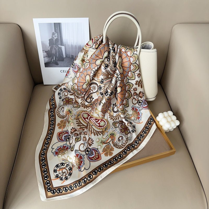 CrossKulture - GorgeousSpring Small Square Satin Scarf OffWhite Multicoloured placed on a bag view