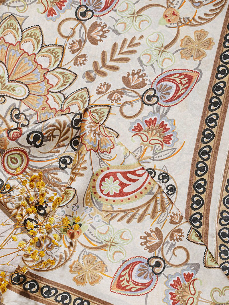CrossKulture - GorgeousSpring Small Square Satin Scarf OffWhite Multicoloured fabric detailing view