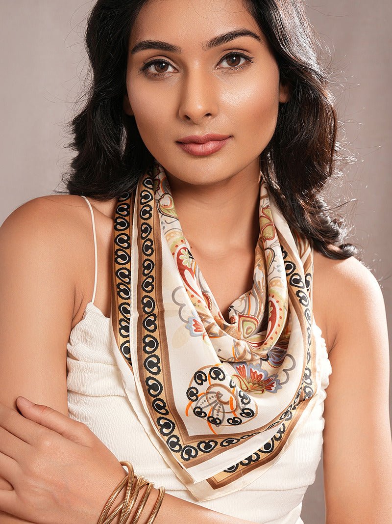 CrossKulture - GorgeousSpring Small Square Satin Scarf OffWhite Multicoloured model front view