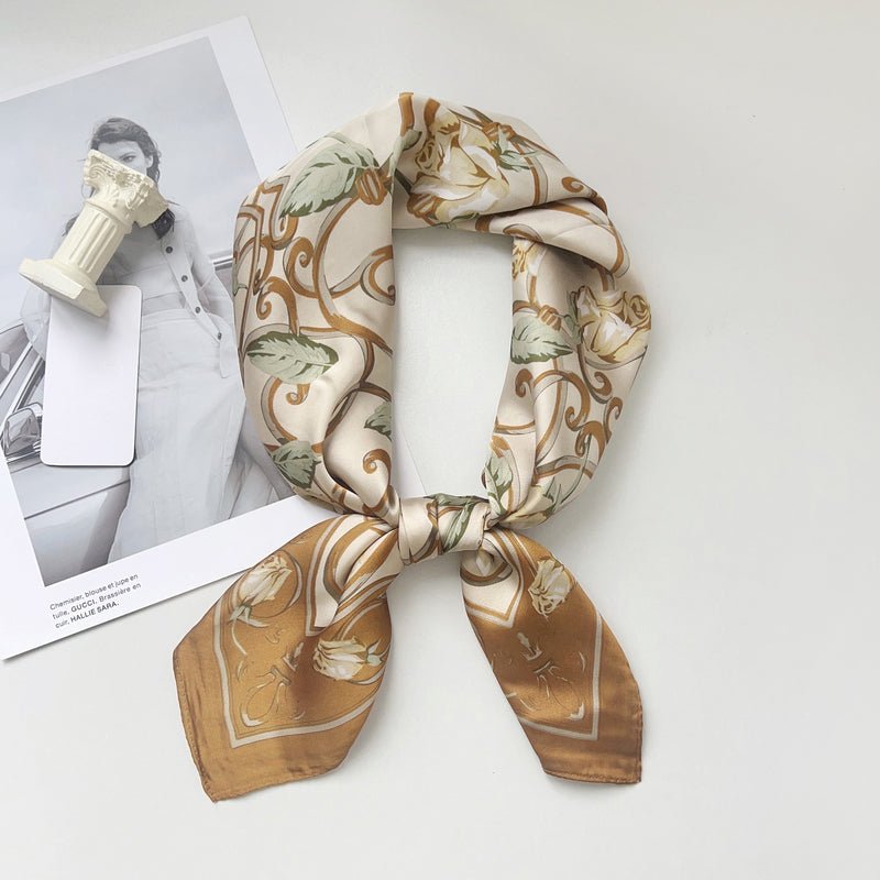 CrossKulture - CaramelFlora Small Square Satin Scarf OffWhite knot style view