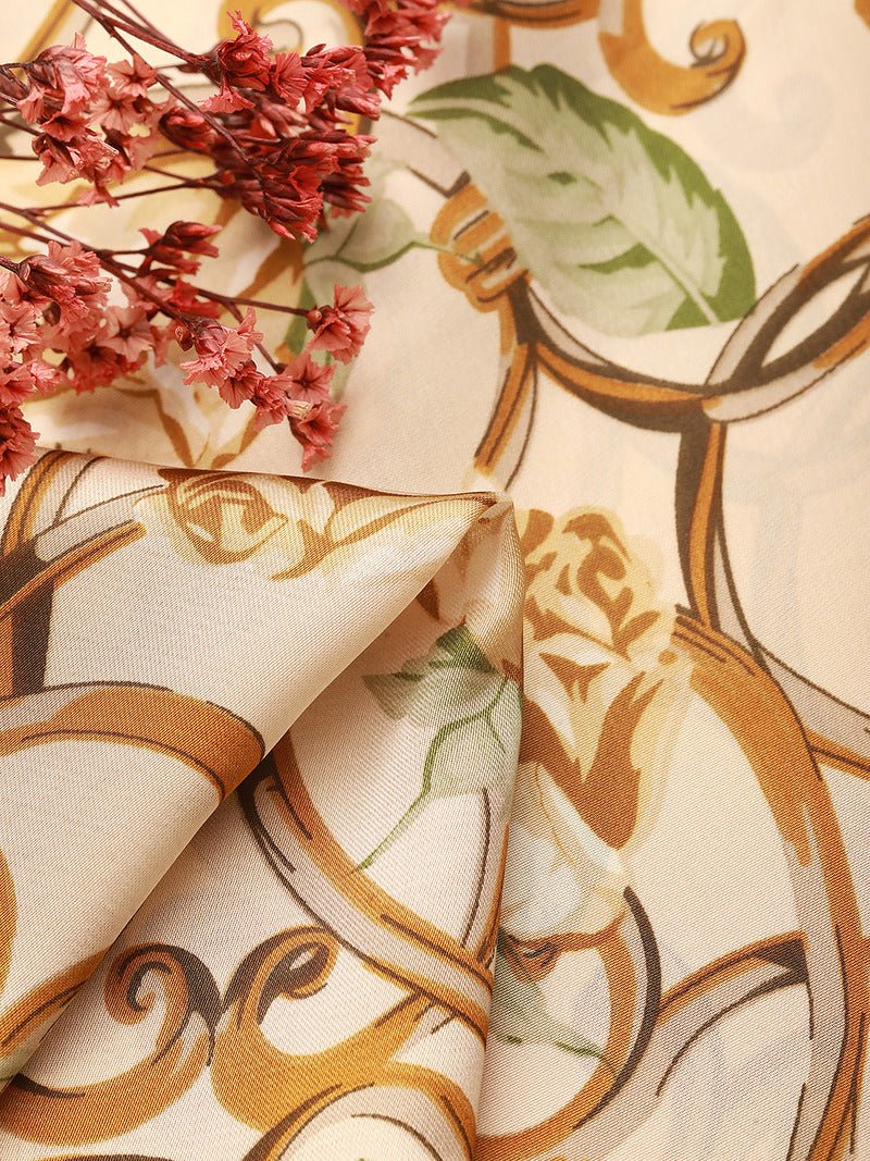 CrossKulture - CaramelFlora Small Square Satin Scarf OffWhite fabric detailing view