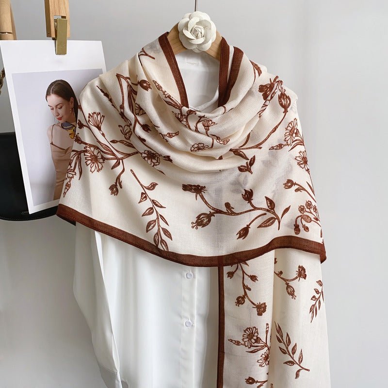 CrossKulture - WhisperingFerns Viscose Cotton Scarf Brown styled on hanger view