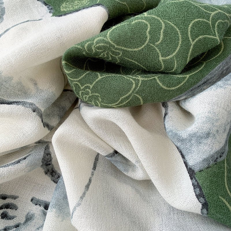 CrossKulture - FloralEnvy Viscose Cotton Scarf Green fabric detailing view
