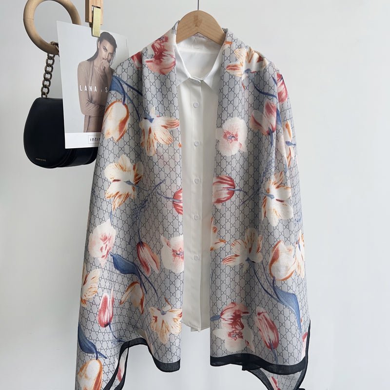 CrossKulture - SkylineTulips Viscose Cotton Scarf Blue styled on a hanger view