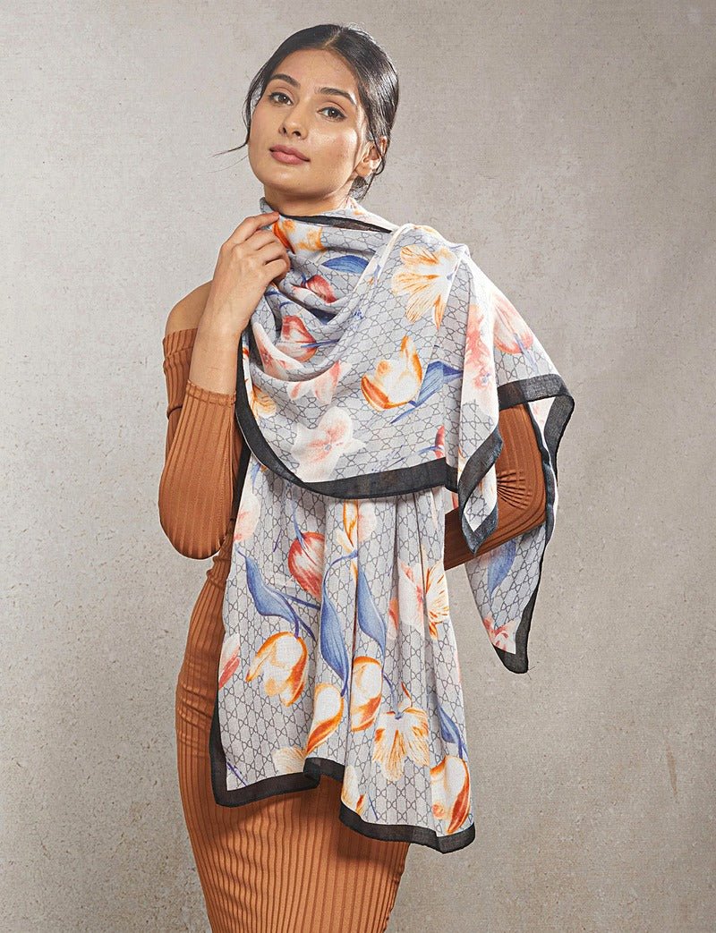 CrossKulture - SkylineTulips Viscose Cotton Scarf Blue front model view