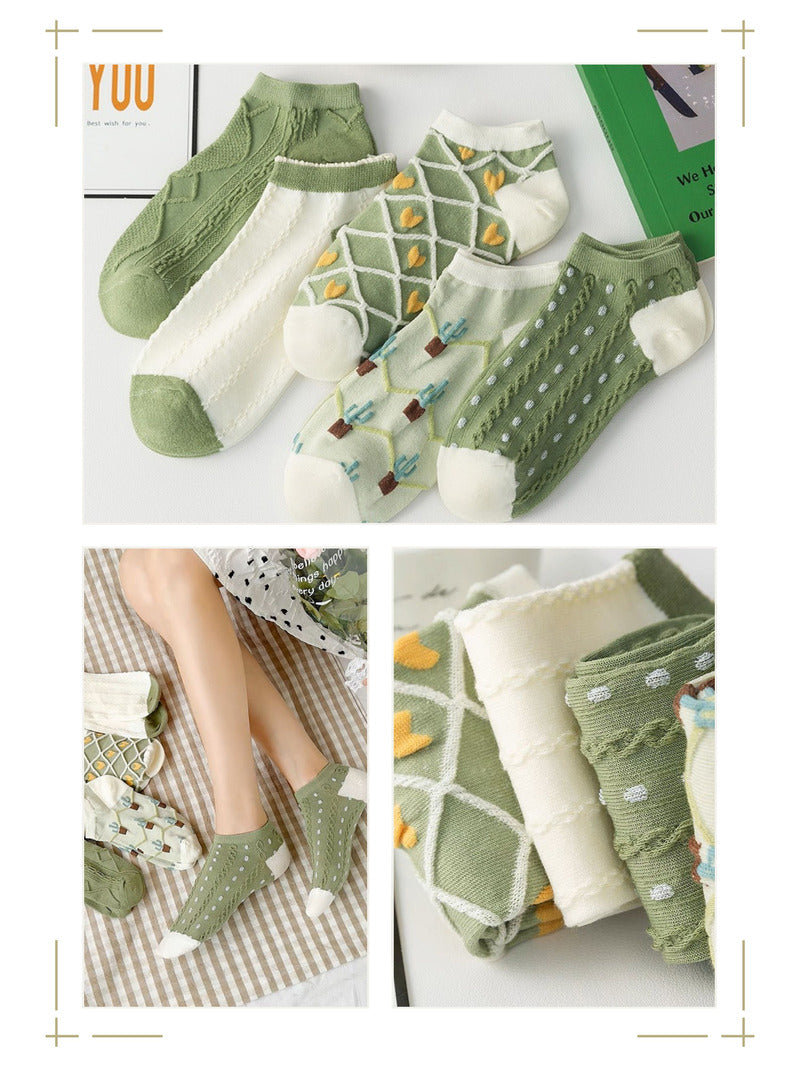 SoleCovers Green & White Ankle Length Combo Pack of 5