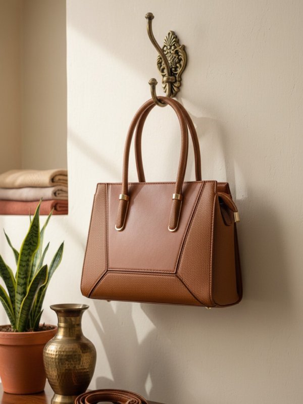 CrossKulture - BlissMuse lightweight tan handbag hanging front view