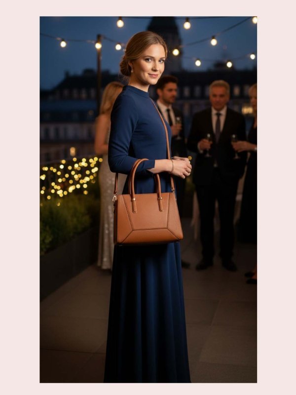 CrossKulture - BlissMuse tan lightweight handbag carried by female model