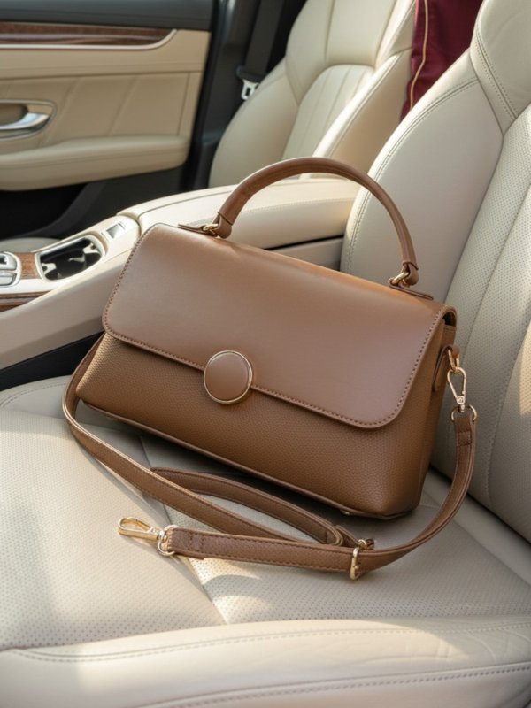 CrossKulture - BlissElite brown handbag with textured design, side view in a car