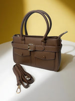CrossKulture - BlissCharm two front pocket brown handbag showing long strap