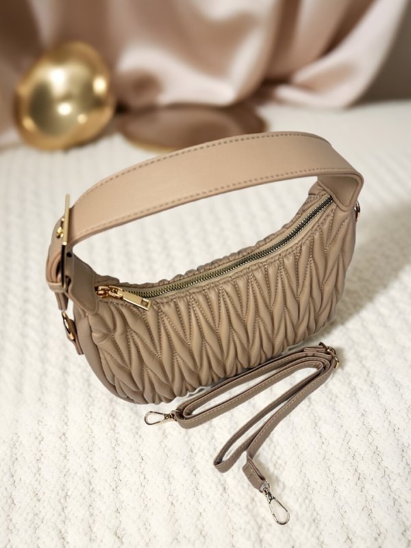 CrossKulture - BlissPoise lightweight beige handbag side view showing long strap