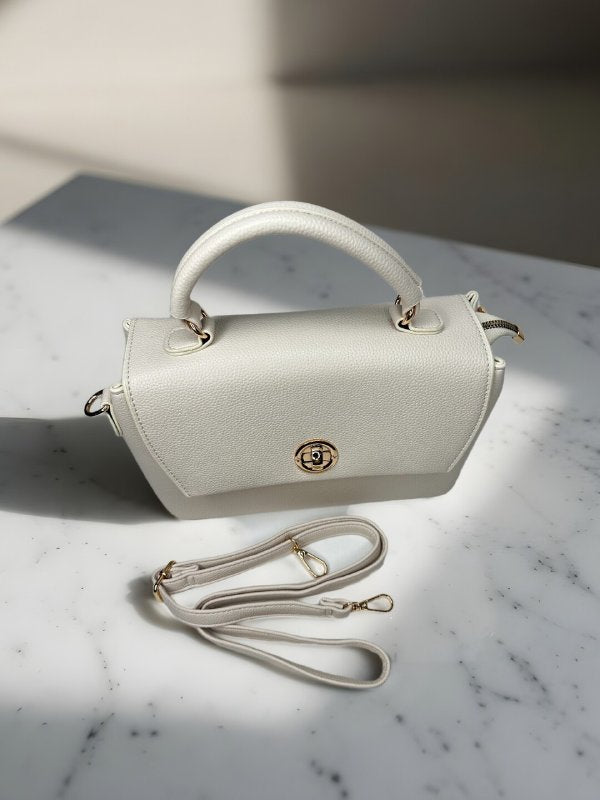 CrossKulture - BlissPearl lightweight white handbag side view showing long strap