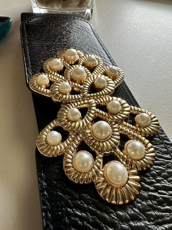 PearlClasp Black Broad Elastic Women Belt
