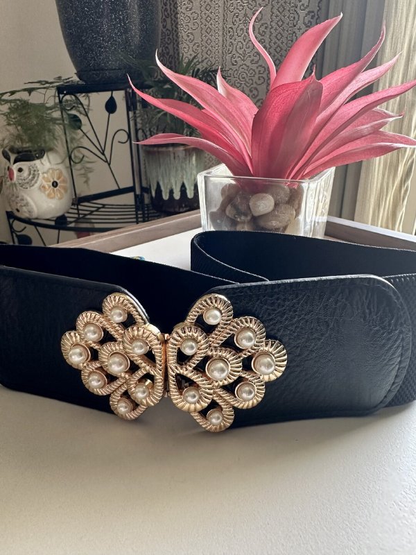 PearlClasp Black Broad Elastic Women Belt