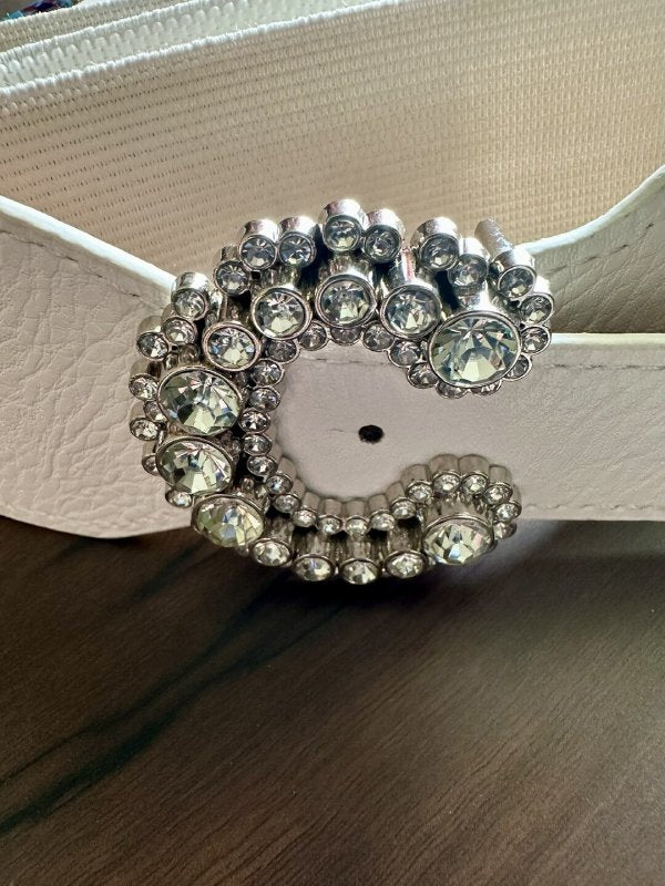 CrystalClasp White Broad Elastic Women Belt