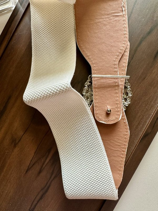 CrystalClasp White Broad Elastic Women Belt