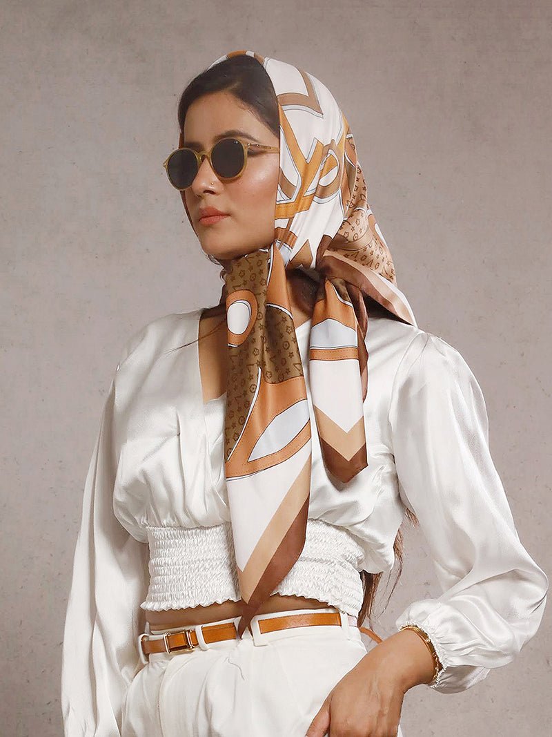 CrossKulture - SandDune Satin Twill Scarf Square Brown front model view