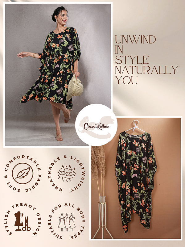 FloralEclipse - Women's Viscose Crepe Kaftan Dress (L-42")